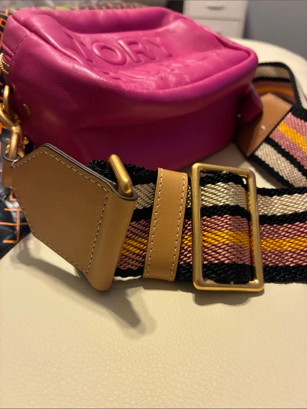 Tory Burch Fuchsia Embossed Leather Crossbody with Striped Web Strap